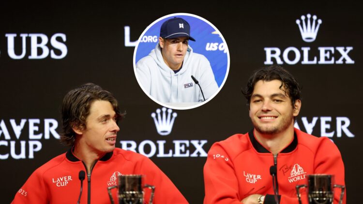 Main: Alex de Minaur and Taylor Fritz speaking at a press conference. Inset top middle: John Isner speaking at a press conference.