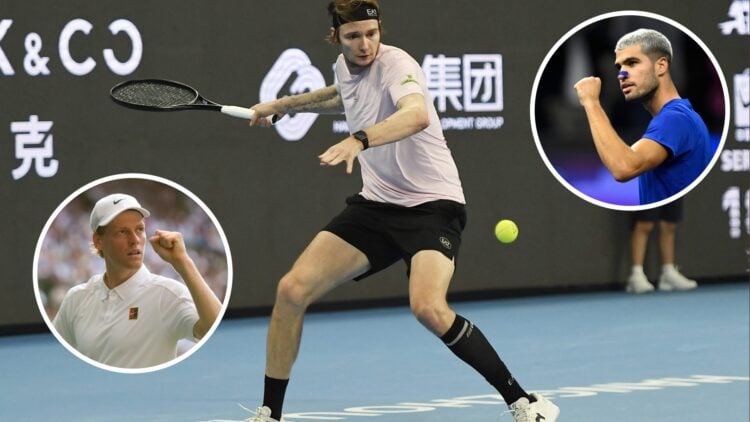Main: Alexander Bublik prepares to hit a forehand. Inset top right: Carlos Alcaraz fist pumps in celebration. Inset bottom left: Jannik Sinner fist...