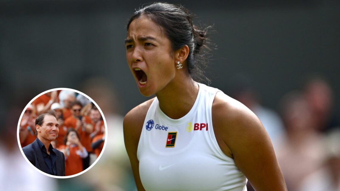 Main: Alexandra Eala roars in celebration. Inset bottom left: Rafael Nadal looks on while smiling.