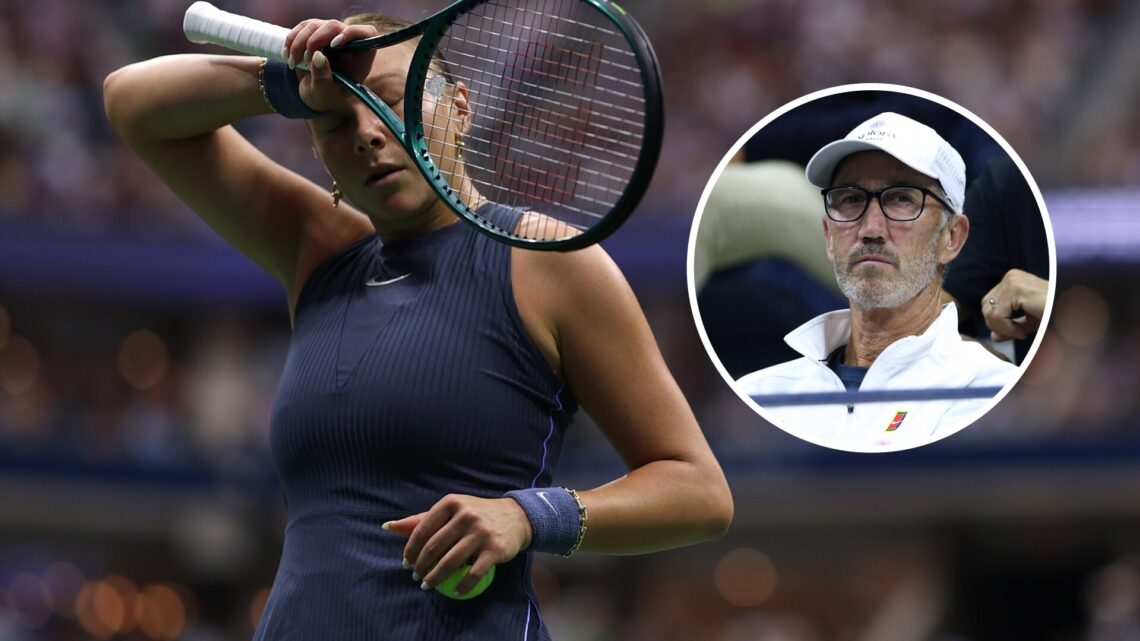 Amanda Anisimova (left) wipes her forehead and Darren Cahill (right) in a circle overlay looks on