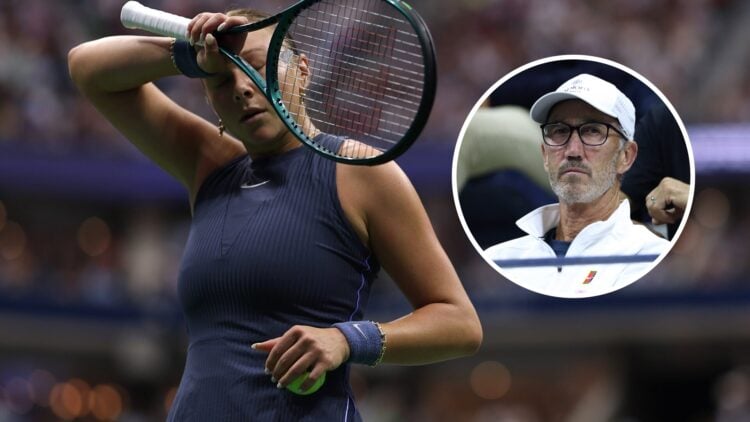 Amanda Anisimova (left) wipes her forehead and Darren Cahill (right) in a circle overlay looks on