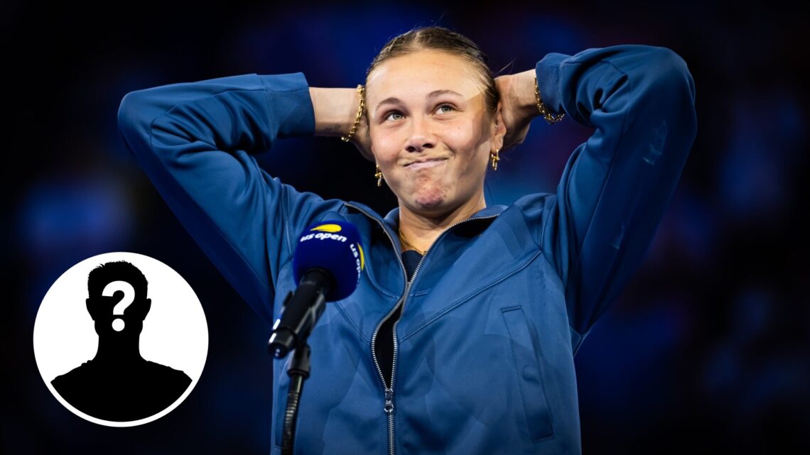 Main: Amanda Anisimova puts her hands behind her head. Inset bottom left: Mystery Overlay.