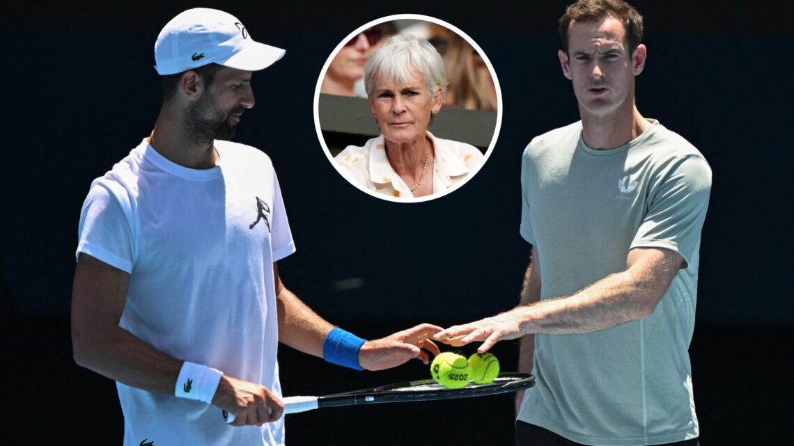 Main: Andy Murray puts tennis balls on Novak Djokovic's racket. Inset top middle: Judy Murray looks on.