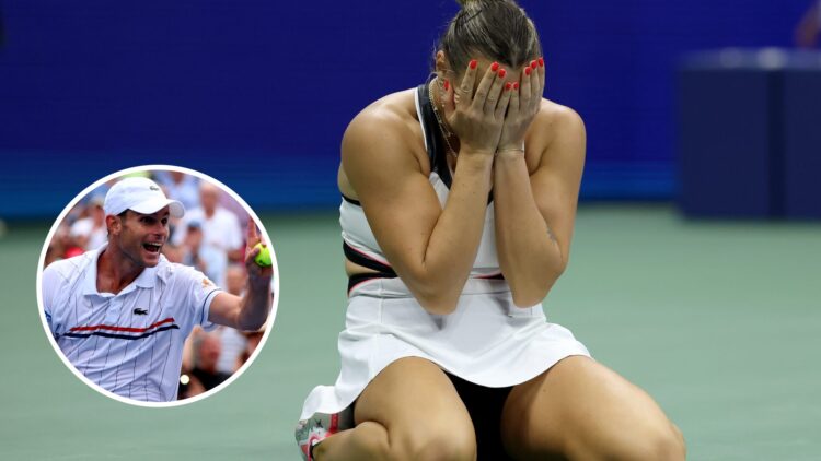 Andy Roddick (left) in a circle overlay points and Aryna Sabalenka (middle) covers her face whilst collapsed onto her knees