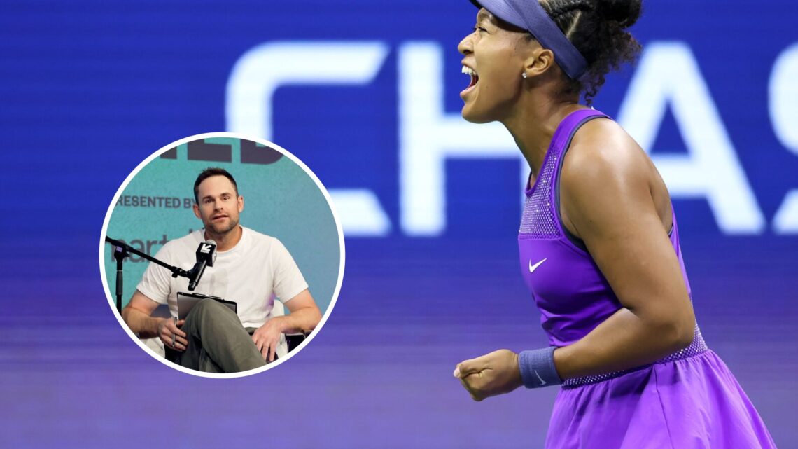 Andy Roddick (left) in a circle overlay speaks into a microphone and Naomi Osaka (right) shouts