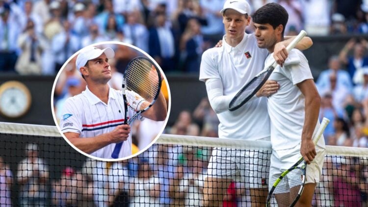 Andy Roddick (left) in a circle overlay claps, Jannik Sinner and Carlos Alcaraz embrace (right)
