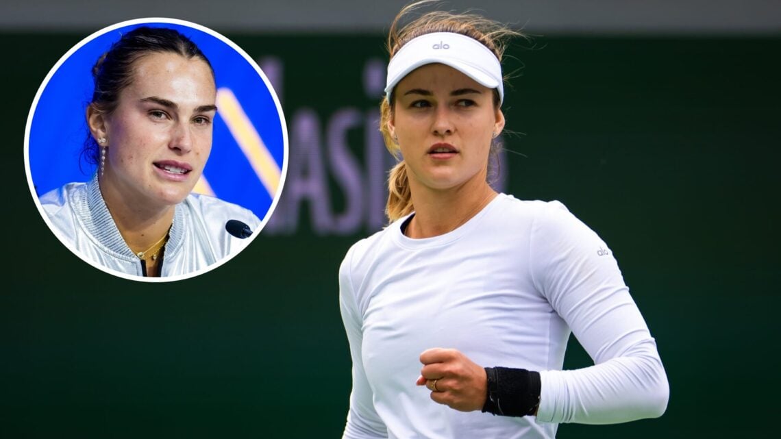Anna Kalinskaya playing at Indian Wells in 2025 with an inset of World No. 1 Aryna Sabalenka