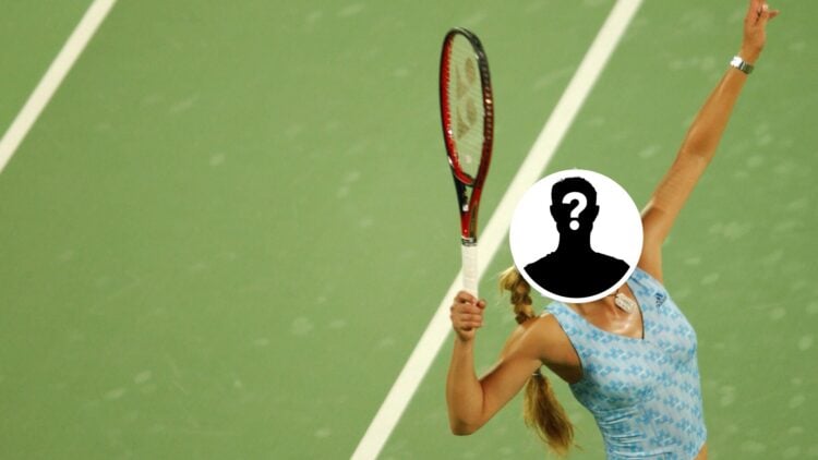 Main: Anna Kournikova tosses the ball for a serve. Inset right: Mystery overlay covering Anna Kournikova's face.