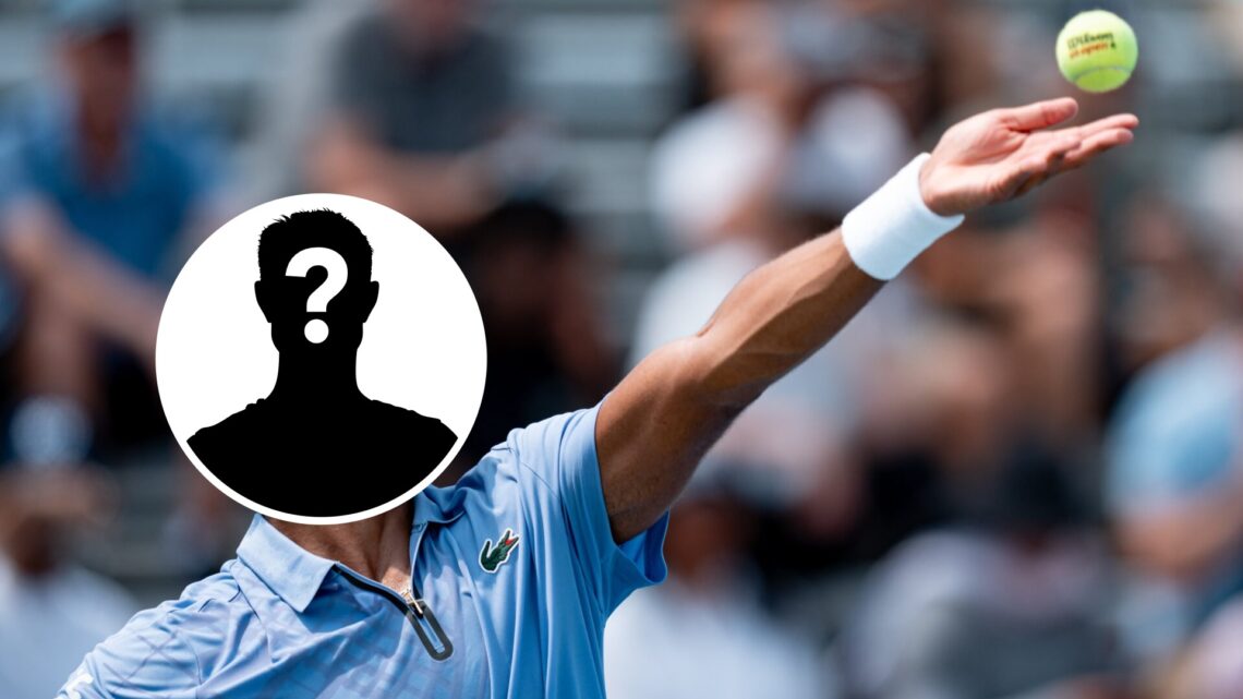 Main: Arthur Fils tosses the ball for a serve. Inset left: Mystery overlay covering Arthur Fils' face.