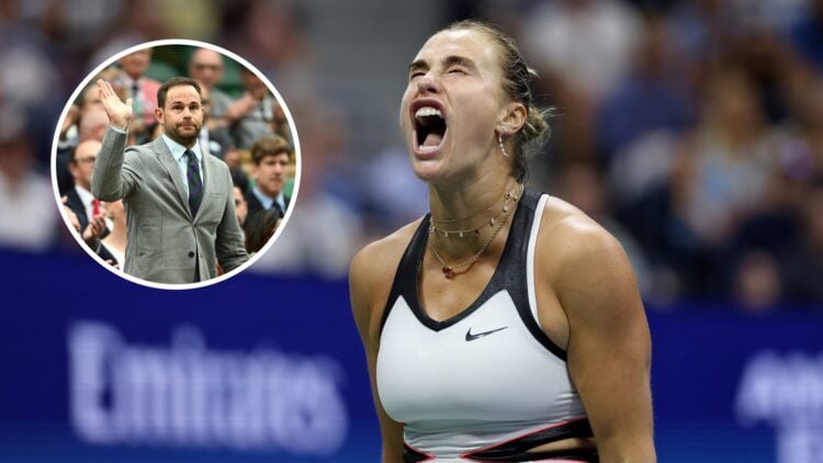 Aryna Sabalenka producing a roar during her 2025 US Open match against Amanda Anisimova with an inset of Andy Roddick