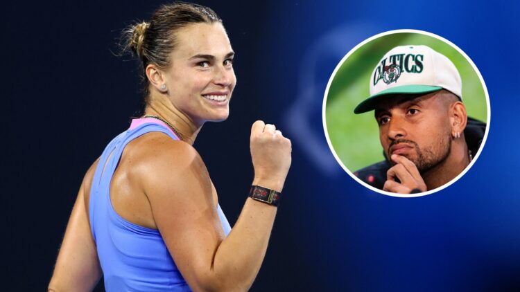 Aryna Sabalenka clenching her fist after a point at the Australian Open with an inset of Nick Kyrgios