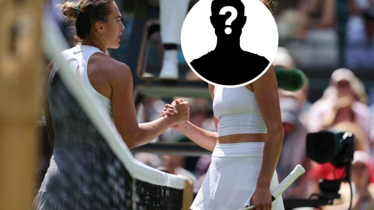 Aryna Sabalenka (left) and mystery player (right) shake hands
