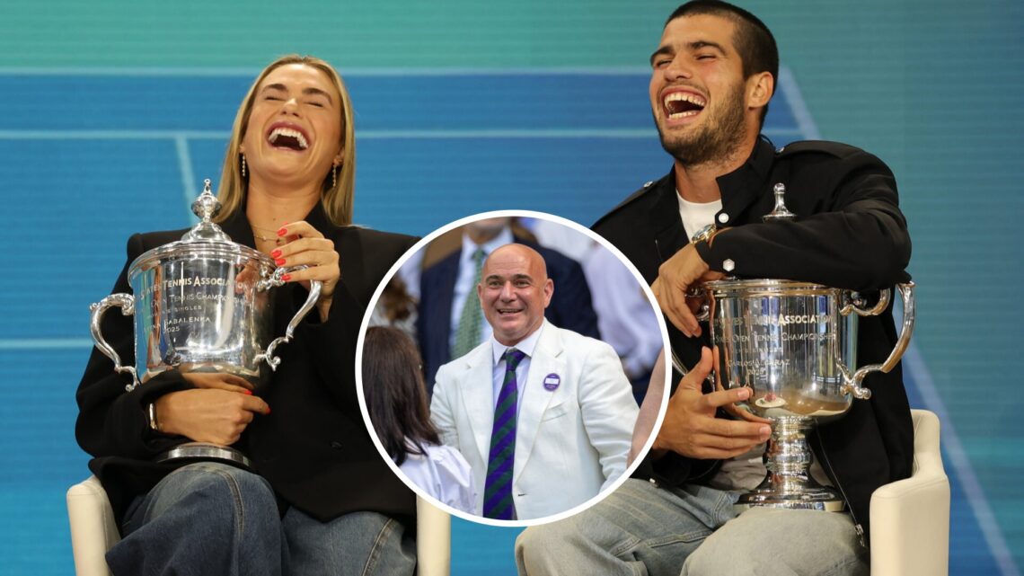 Aryna Sabalenka (left) laughs with the US Open trophy, Andre Agassi (middle) in a circle overlay smiles and Carlos Alcaraz (right) laughs with the ...