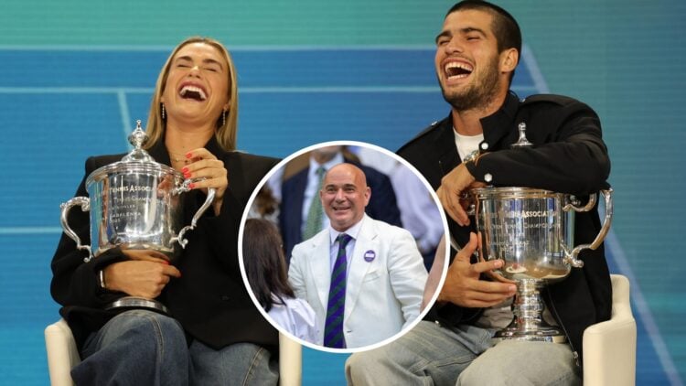Aryna Sabalenka (left) laughs with the US Open trophy, Andre Agassi (middle) in a circle overlay smiles and Carlos Alcaraz (right) laughs with the ...