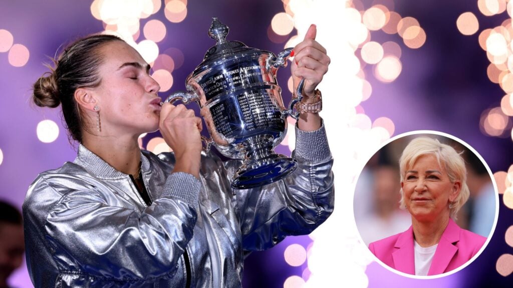 Main: Aryna Sabalenka kisses the US Open trophy. Inset bottom right: Chris Evert looks on.