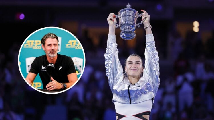 Main: Aryna Sabalenka lifts the US Open trophy. Inset left: Patrick Mouratoglou speaking at a press conference.