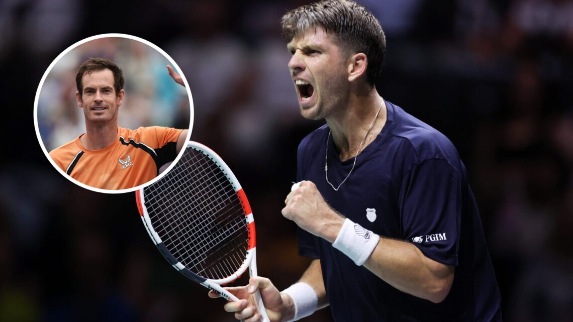 Cameron Norrie playing a Davis Cup tie against France in Manchester, England with an inset of Andy Murray