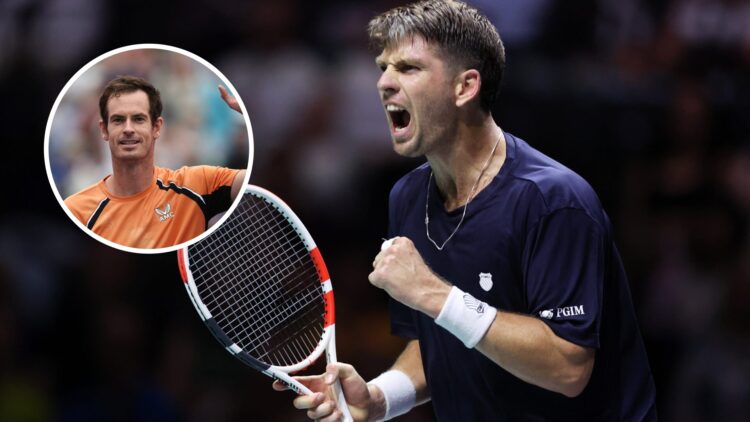 Cameron Norrie playing a Davis Cup tie against France in Manchester, England with an inset of Andy Murray