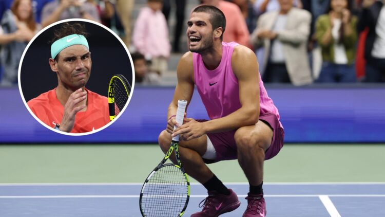 Carlos Alcaraz celebrating his 2025 US Open win with an inset of Rafael Nadal