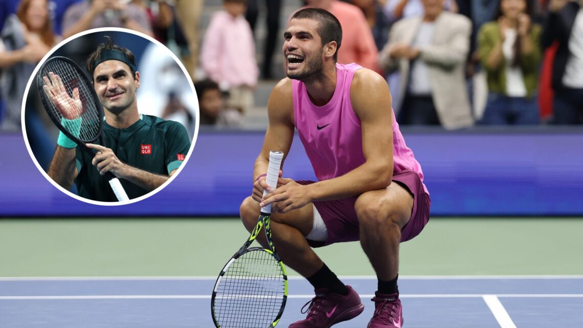 Carlos Alcaraz celebrating his 2025 US Open final win against Jannik Sinner with an inset of Roger Federer