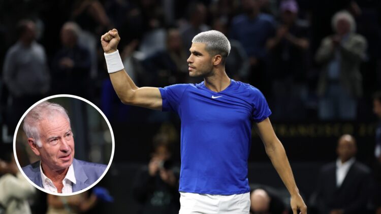 Carlos Alcaraz with a fist pump at the 2025 Laver Cup with an inset of John McEnroe