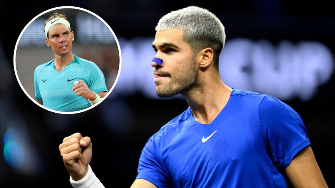 Carlos Alcaraz at the 2025 Laver Cup with an inset of Rafael Nadal