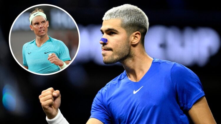 Carlos Alcaraz at the 2025 Laver Cup with an inset of Rafael Nadal