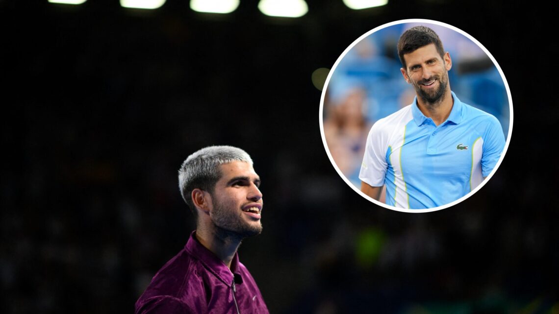 Carlos Alcaraz making his entrance at the 2025 Japan Open with an inset of Novak Djokovic