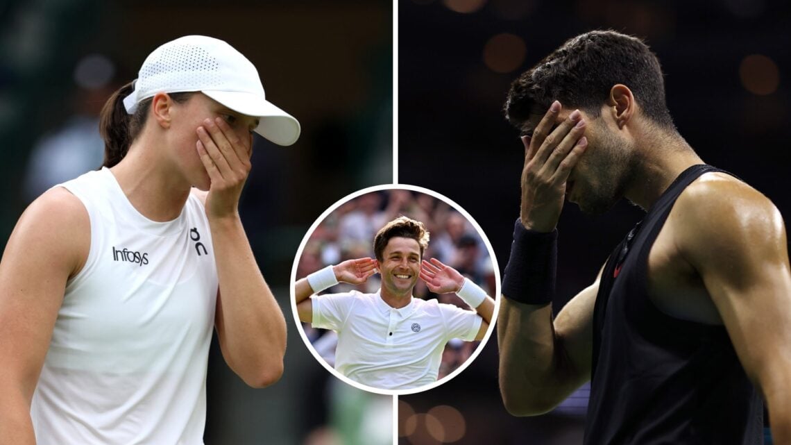 Iga Swiatek at Wimbledon 2025 and Carlos Alcaraz at the 2025 US Open, with an overlay of British tennis star Liam Broady