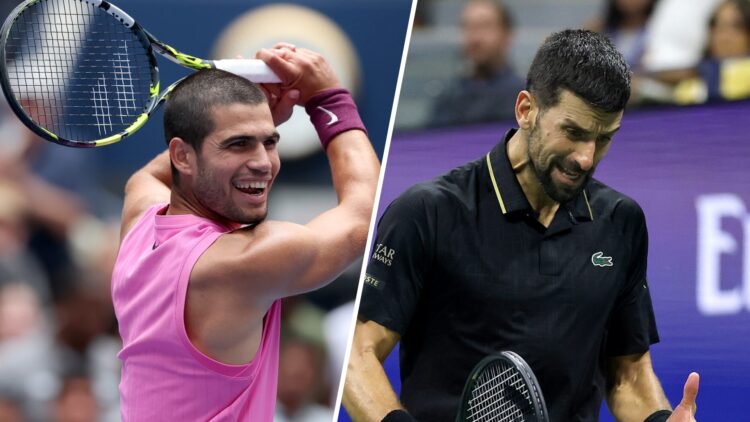 Carlos Alcaraz (left) smiles and Novak Djokovic (right) grimaces
