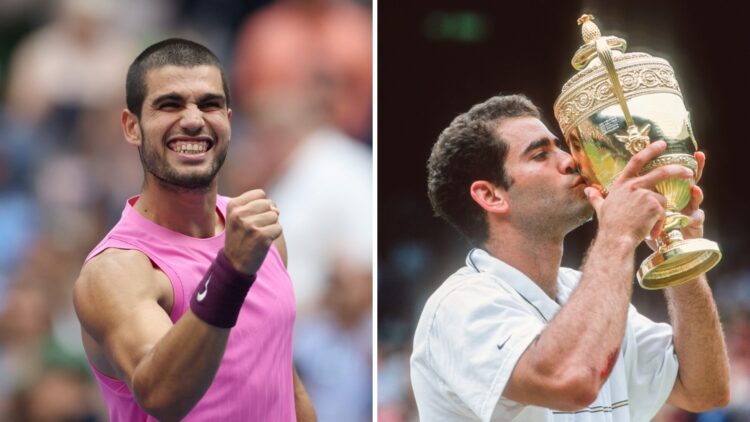 Carlos Alcaraz (left) pumps his fist and Pete Sampras (right) kisses Wimbledon trophy
