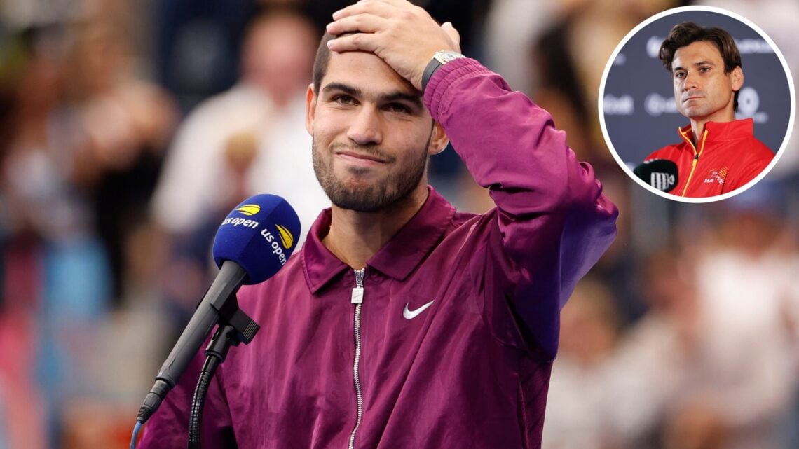 Main: Carlos Alcaraz puts his hand on his head in disbelief. Inset top right: David Ferrer looks on.