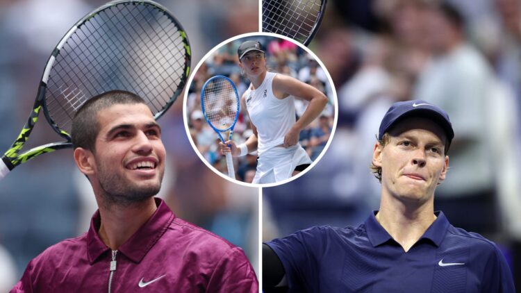 Carlos Alcaraz (left) smiles, Iga Swiatek (middle) in a circle overlay looks on and Jannik Sinner (right) waves his racket