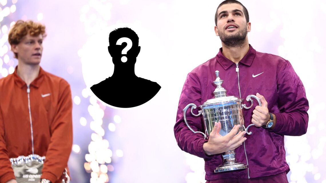 Main: Carlos Alcaraz and Jannik Sinner hold their US Open trophies. Inset top middle left: Mystery Overlay.