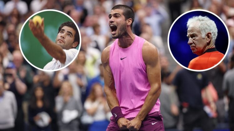 Main: Carlos Alcaraz celebrates winning the 2025 US Open Men's Singles title. Inset top right: John McEnroe looks on. Inset top left: Pete Sampras ...