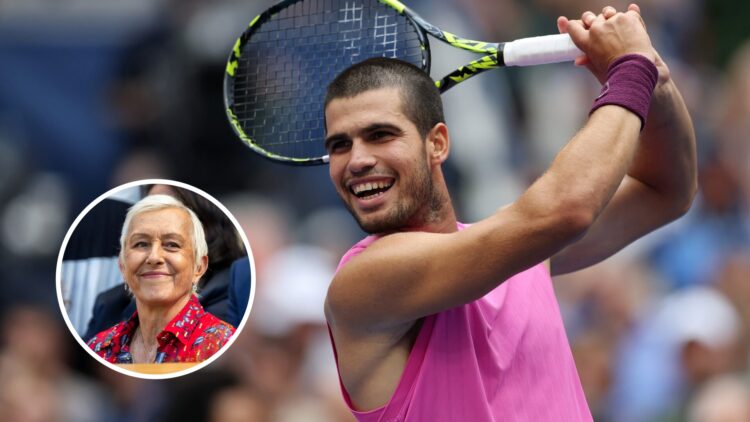 Main: Carlos Alcaraz mimics a golf swing with his racket. Inset bottom left: Martina Navratilova smiles and looks on.