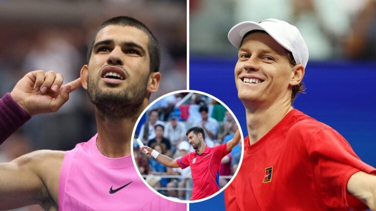 Carlos Alcaraz (left) cups his ear, Novak Djokovic (middle) in a circle overlay looks dejected and Jannik Sinner (right) smiles