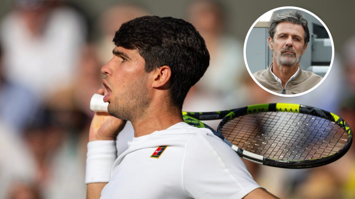 Main: Carlos Alcaraz looks on after playing a shot. Inset top right: Patrick Mouratoglou looks on.