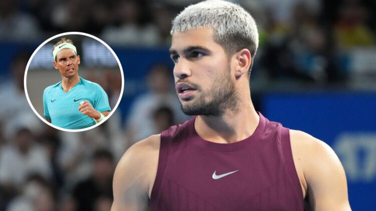 Main: Carlos Alcaraz looks on. Inset left: Rafael Nadal fist pumps in celebration.