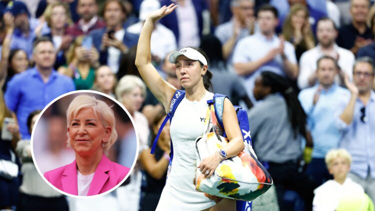 Chris Evert (bottom left) in a circle overlay smiles and Jessica Pegula (middle) waves