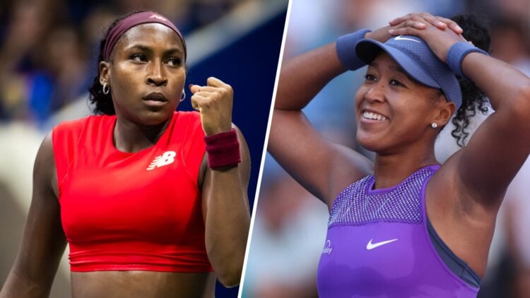Coco Gauff (left) pumps her fist and Naomi Osaka (right) with her hands on her head