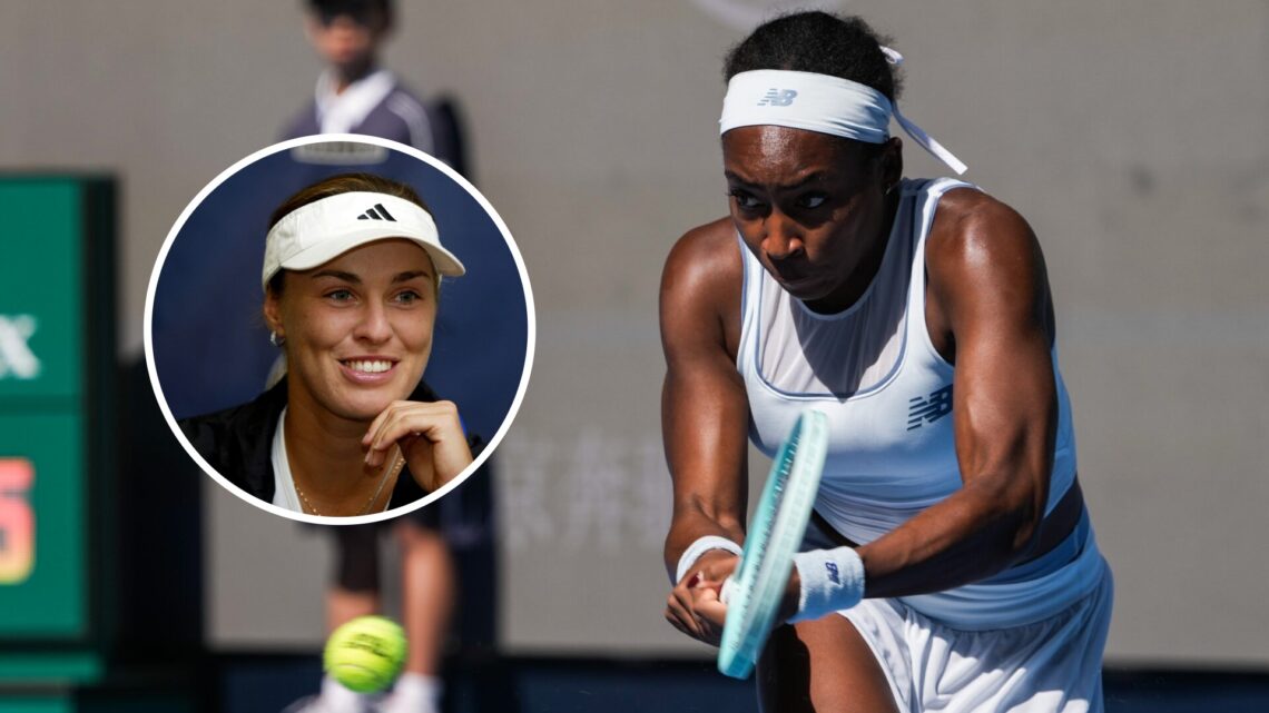 Main: Coco Gauff hits a backhand. Inset: Martina Hingis looks on.