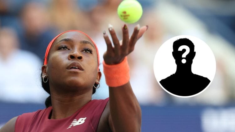 Main: Coco Gauff tosses the ball for a serve. Inset right: Mystery overlay.