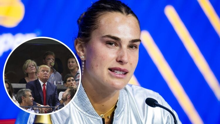 Donald Trump (left) in a circle overlay watches the tennis and Aryna Sabalenka (middle) speaks into a microphone