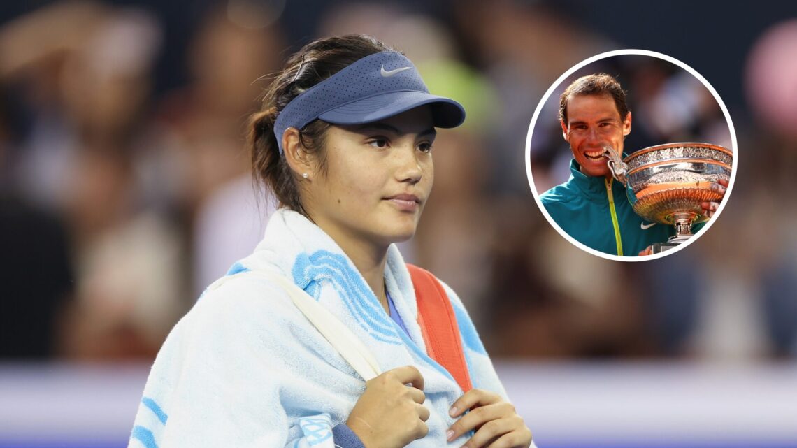 Emma Raducanu making her entrance for her match with Jessica Pegula at the 2025 China Open with an overlay of Rafael Nadal