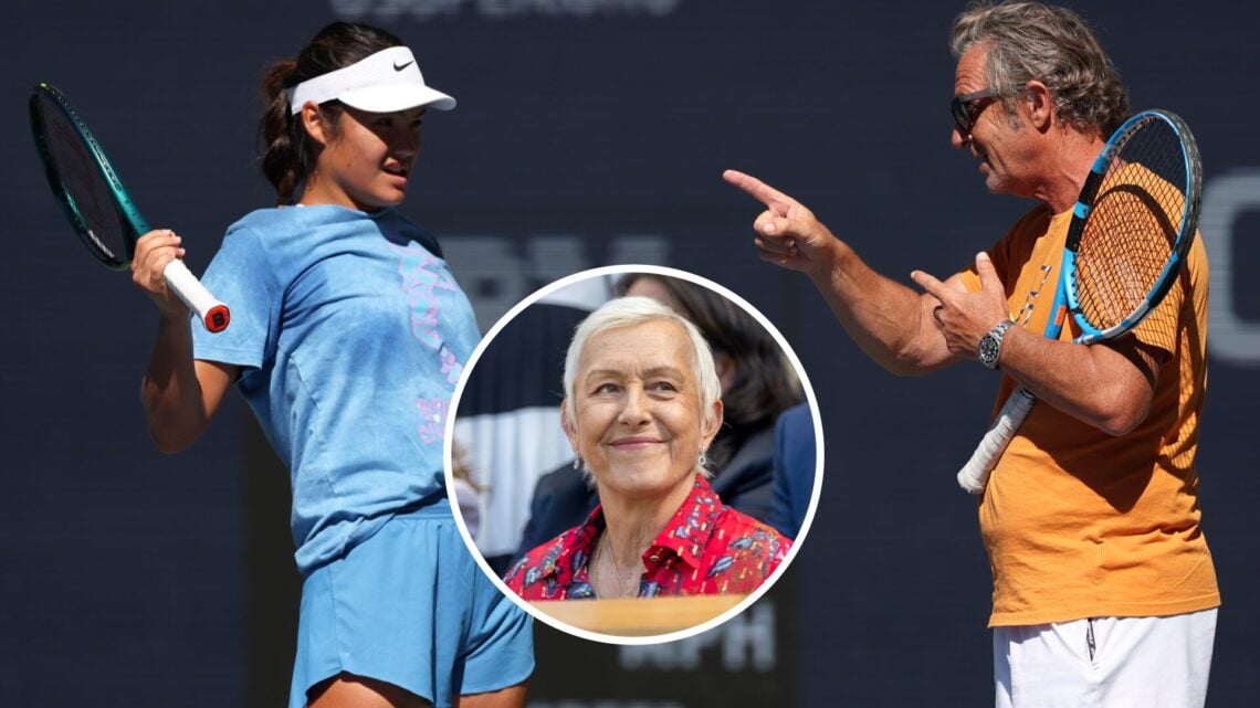 Emma Raducanu (left) and Francisco Roig (right) chat, Martina Navratilova (middle) in a circle overlay looks on
