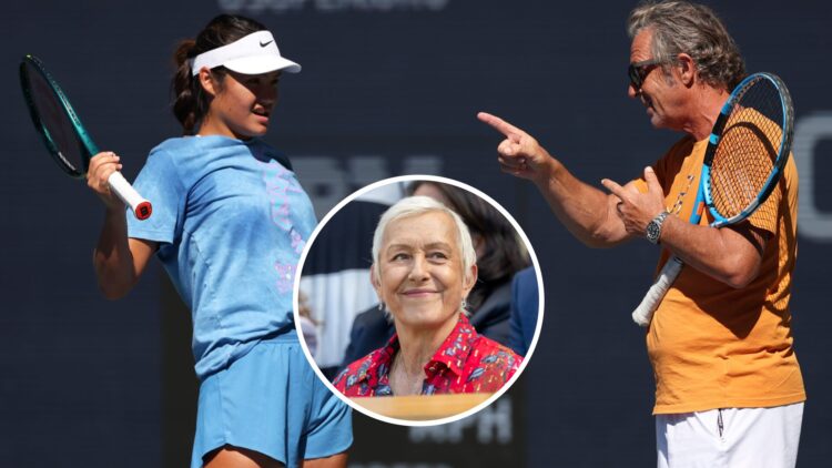 Emma Raducanu (left) and Francisco Roig (right) chat, Martina Navratilova (middle) in a circle overlay looks on