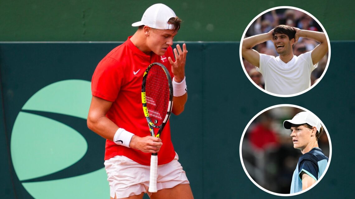 Main: Holger Rune berates himself during a match. Inset top right: Carlos Alcaraz puts his hands behind his head in disbelief. Inset bottom right: ...