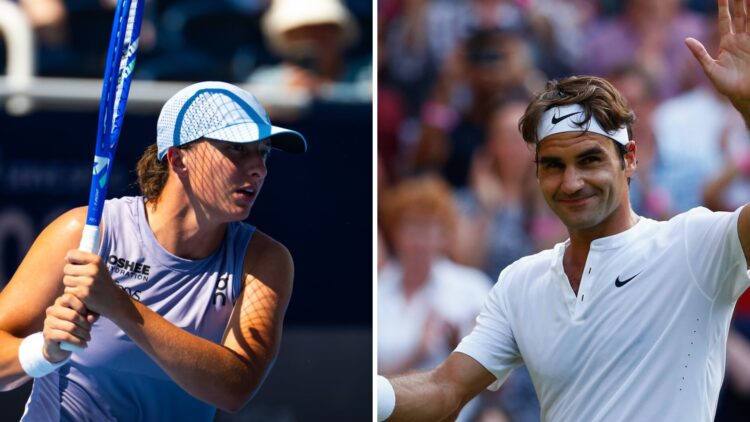 Iga Swiatek (left) hits a shot and Roger Federer (right) waves