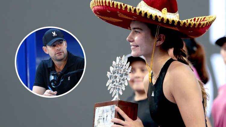 Main: Iva Jovic poses with the Guadalajara Open trophy. Inset left: Andy Roddick speaking into a microphone.